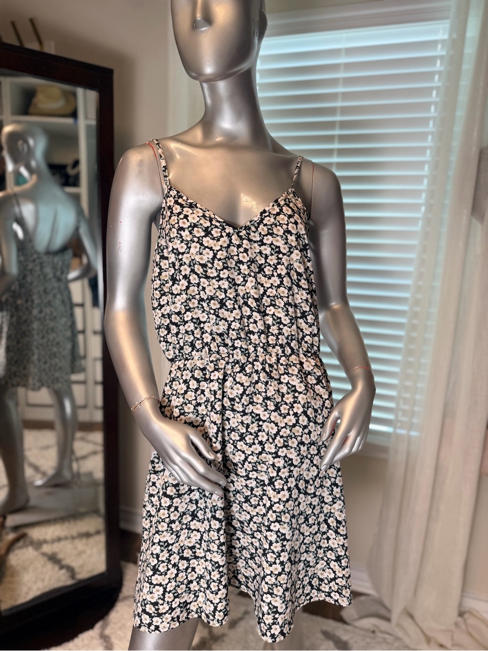 SHEIN Large Black Ivory Floral Cami Dress Spaghetti Strap Boho Cottegecore